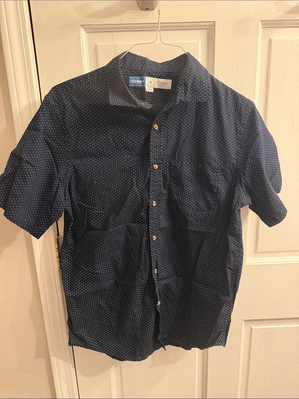 Old Navy Navy Short-Sleeve Button-Down Shirt with White Micro Dots